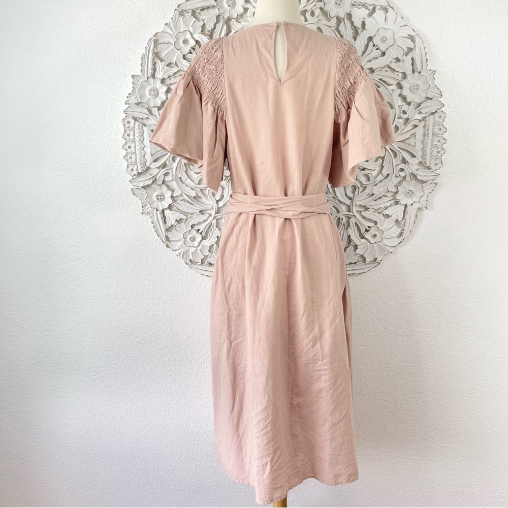 {THE GREAT.} The Smocked Sleeve Sash-Waist Midi Dress, Blush, Size 0, NWT - Picture 6 of 11